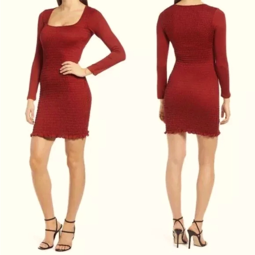 Row A Womens Sz M Square Neckline Long Sleeve Smocked Bodycon Dress Red Burgundy